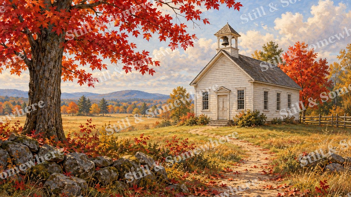 Country Schoolhouse in Autumn, early autumn countryside artwork preview