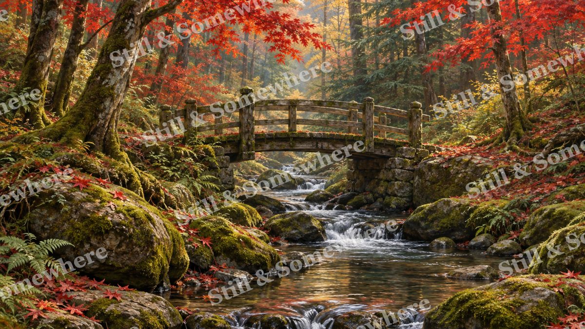 Mossy Bridge beneath Red Maples, forests artwork preview