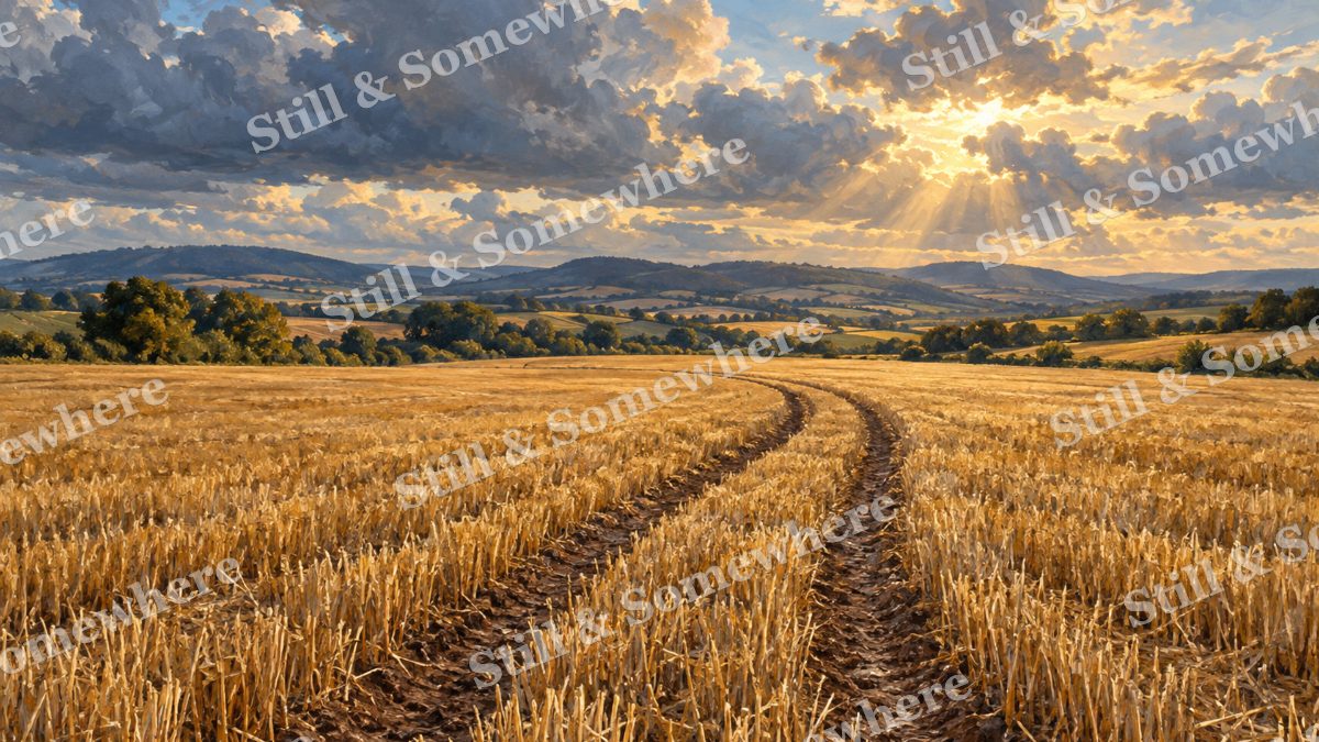 Tractor Tracks through the Stubble, early autumn countryside artwork preview