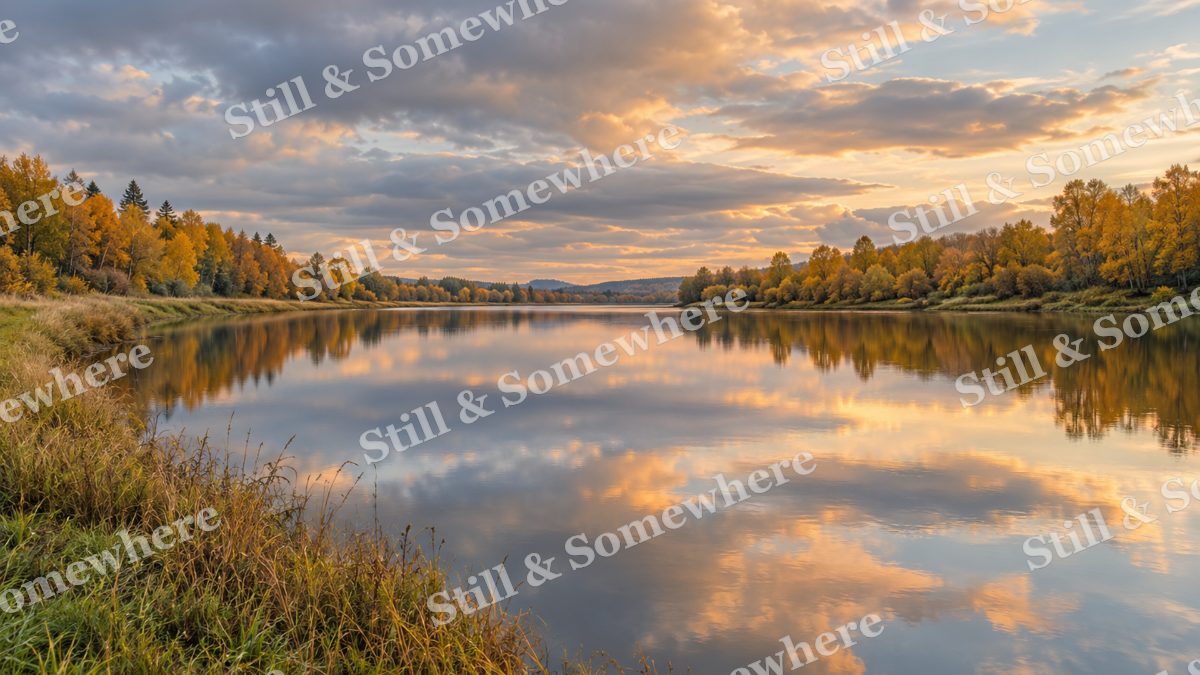 The River Mirror under Autumn Clouds, peaceful landscapes artwork preview