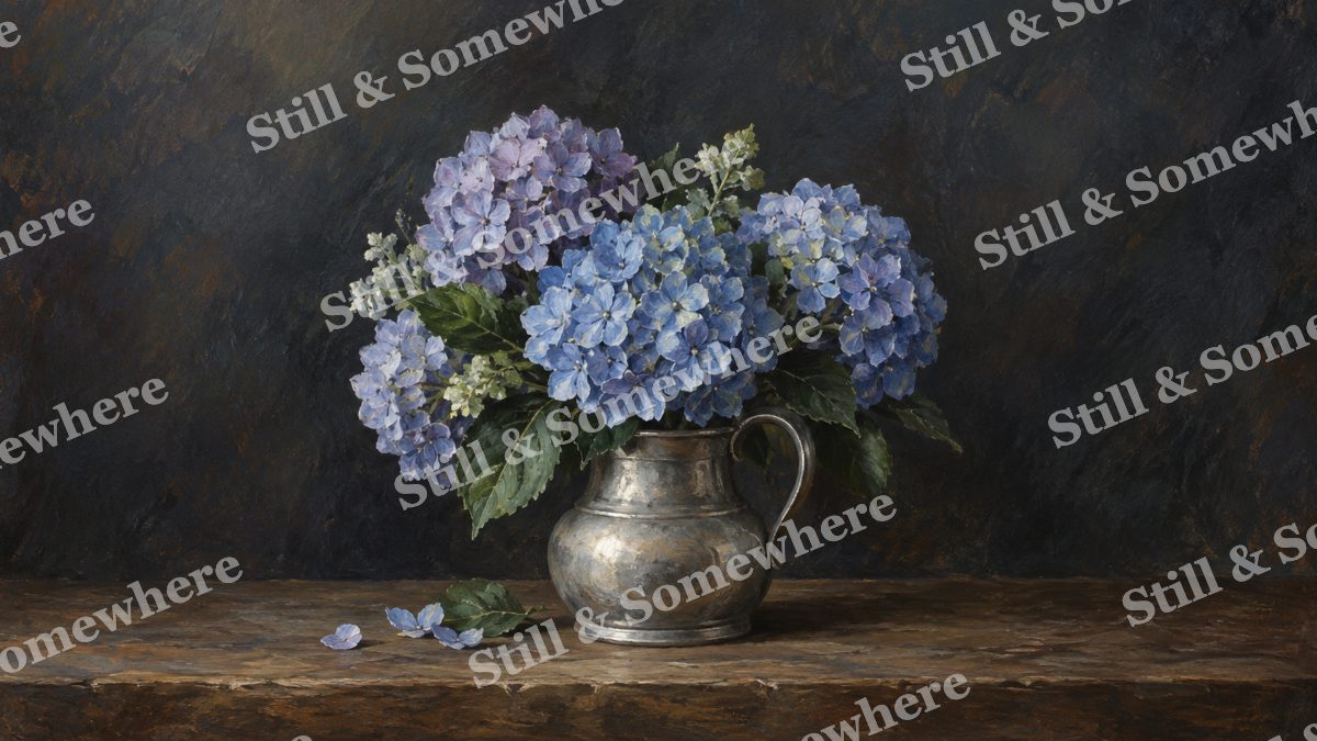 Hydrangeas in a Pewter Jug, paintings artwork preview