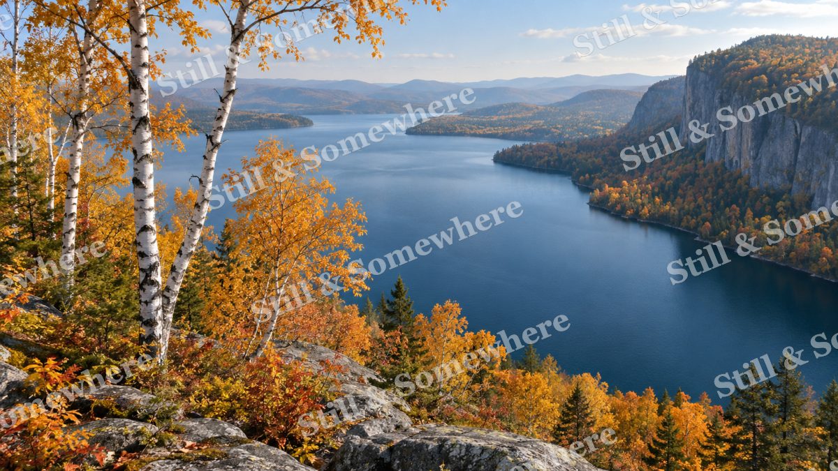 Cliffside Birches in October, peaceful landscapes artwork preview