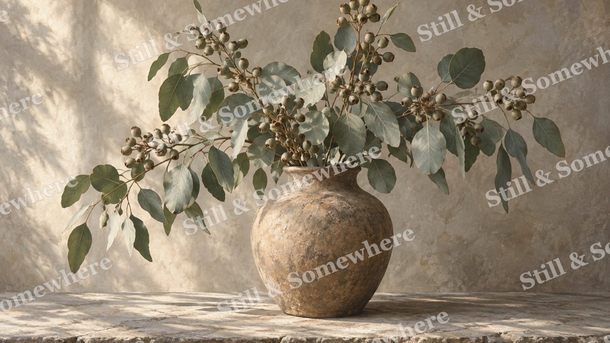 Seeded Eucalyptus in an Earthen Vase, botanicals artwork preview
