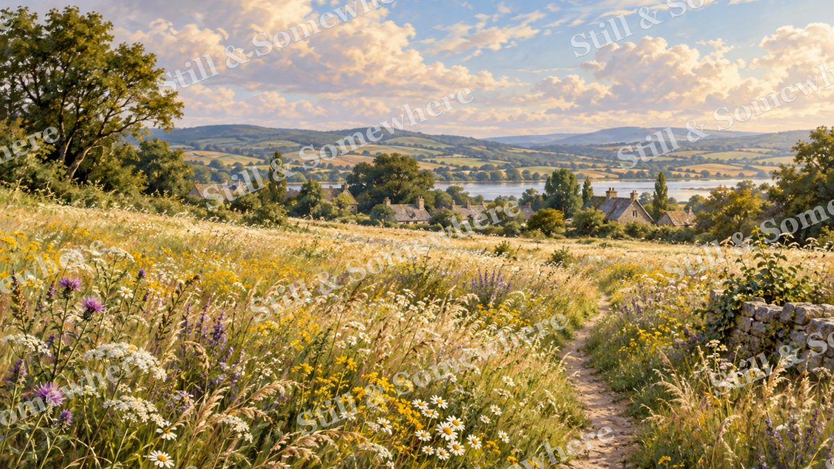 Cottage Roofs beyond the Meadow, cottages artwork preview