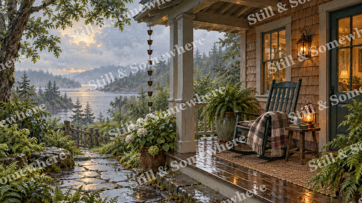 Rain on the Cedar Porch, cottages artwork preview