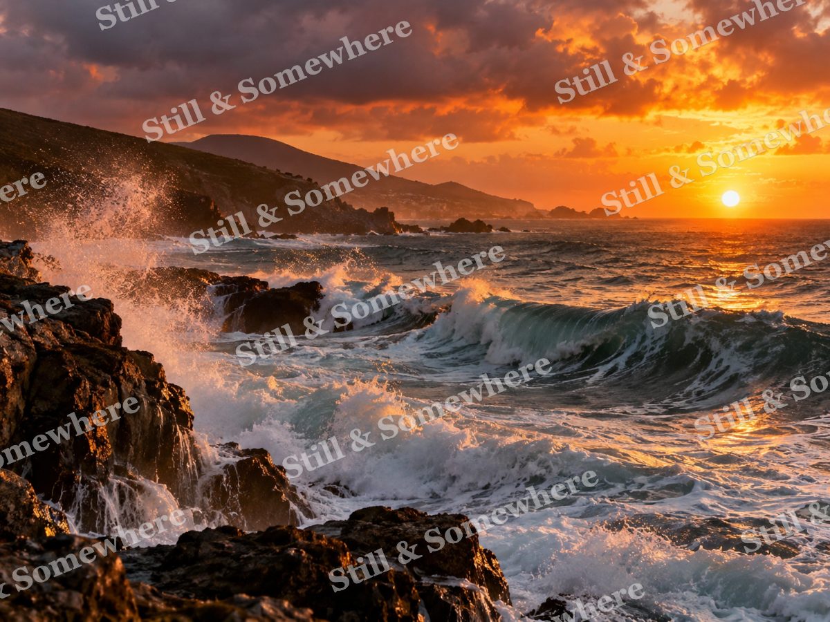 Crashing Waves on a Rocky Coast at Sunset, original artwork preview