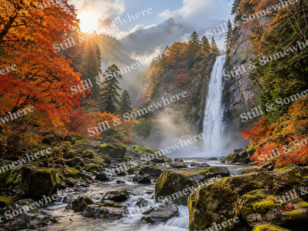 Autumn Waterfall in a Misty Valley, original artwork preview
