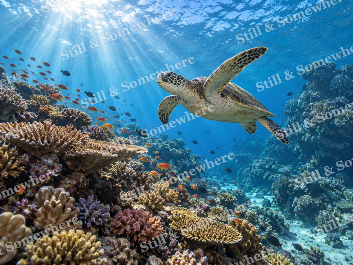 Sea Turtle Gliding Through a Sunlit Reef Canyon, original artwork preview