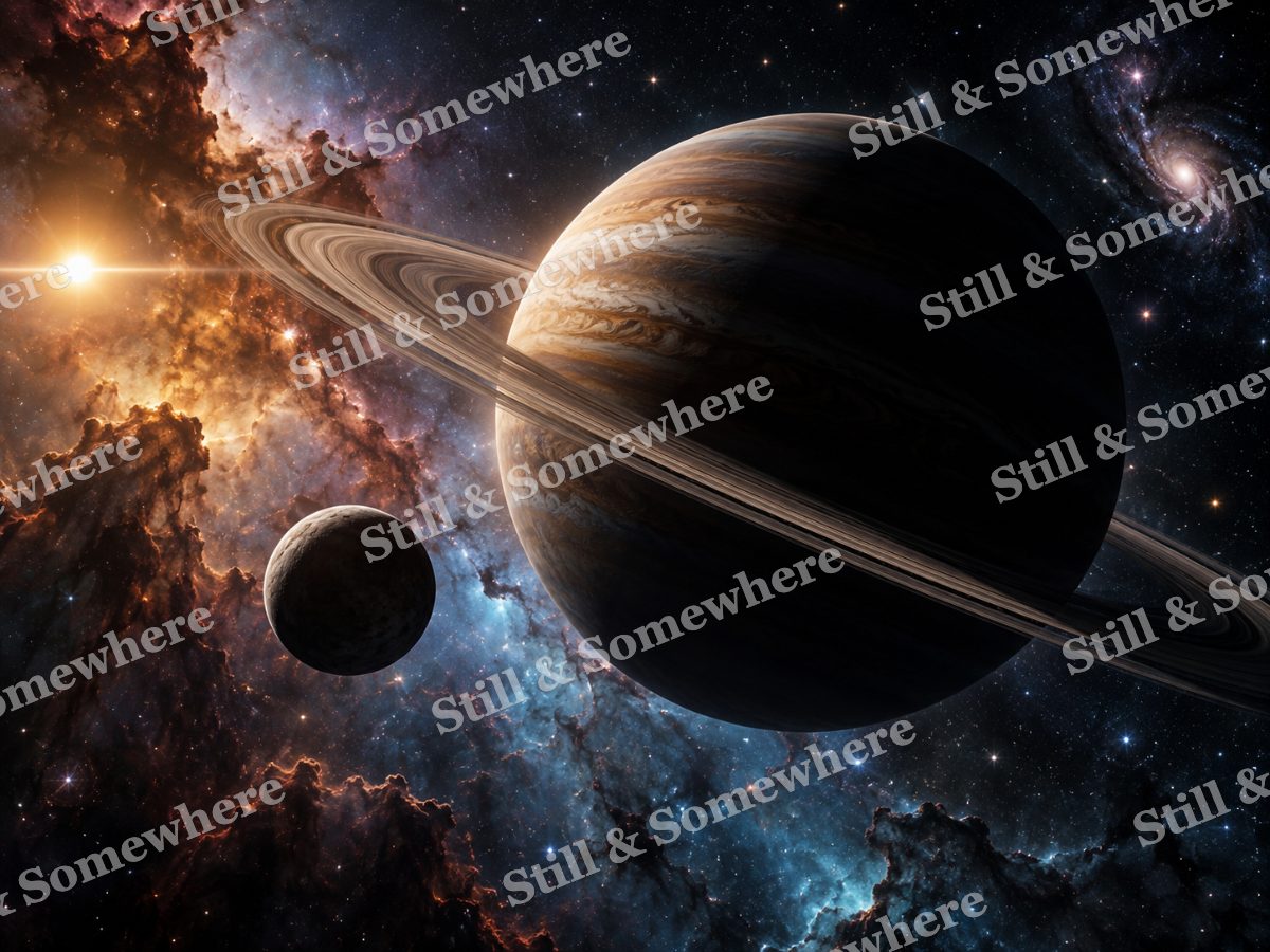 Ringed Planet and Moon, original artwork preview