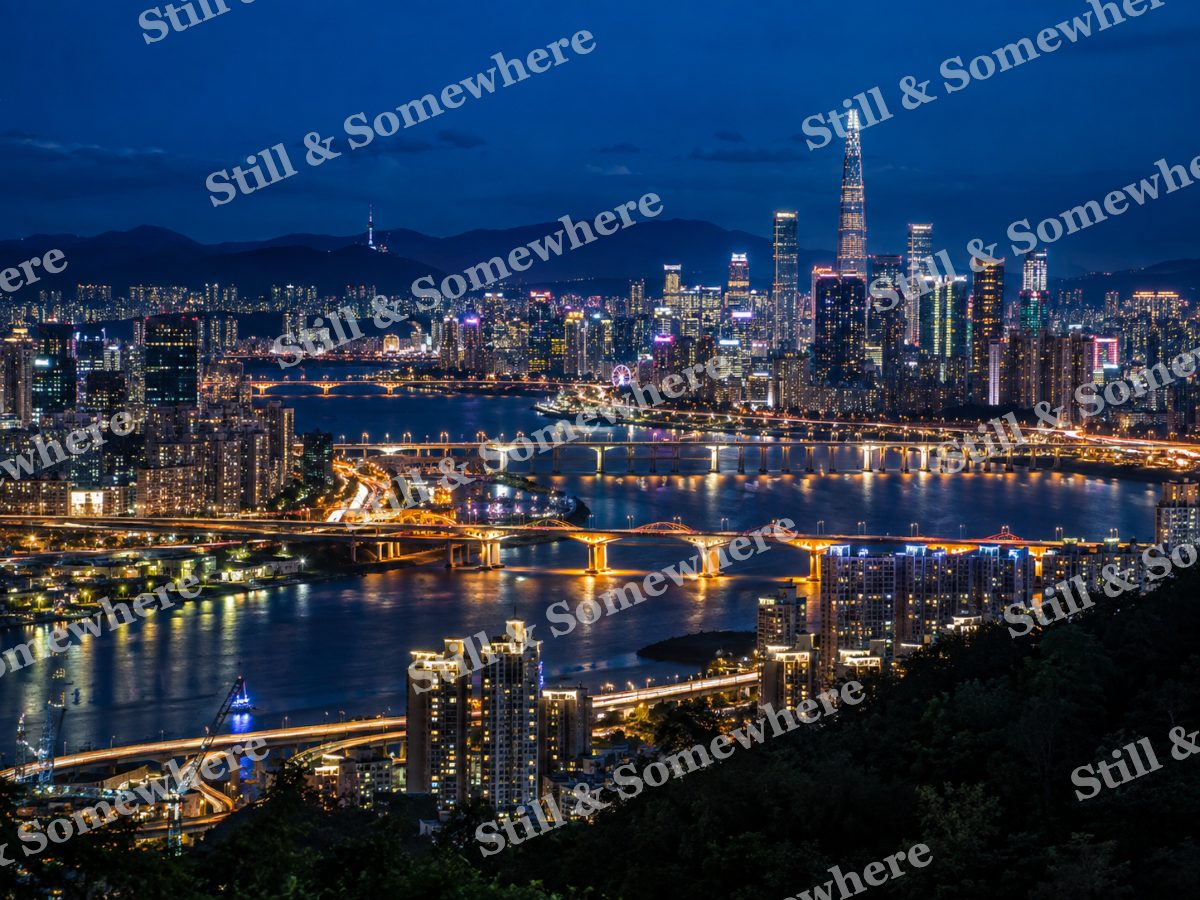 Illuminated Skyline and River Bridges, original artwork preview