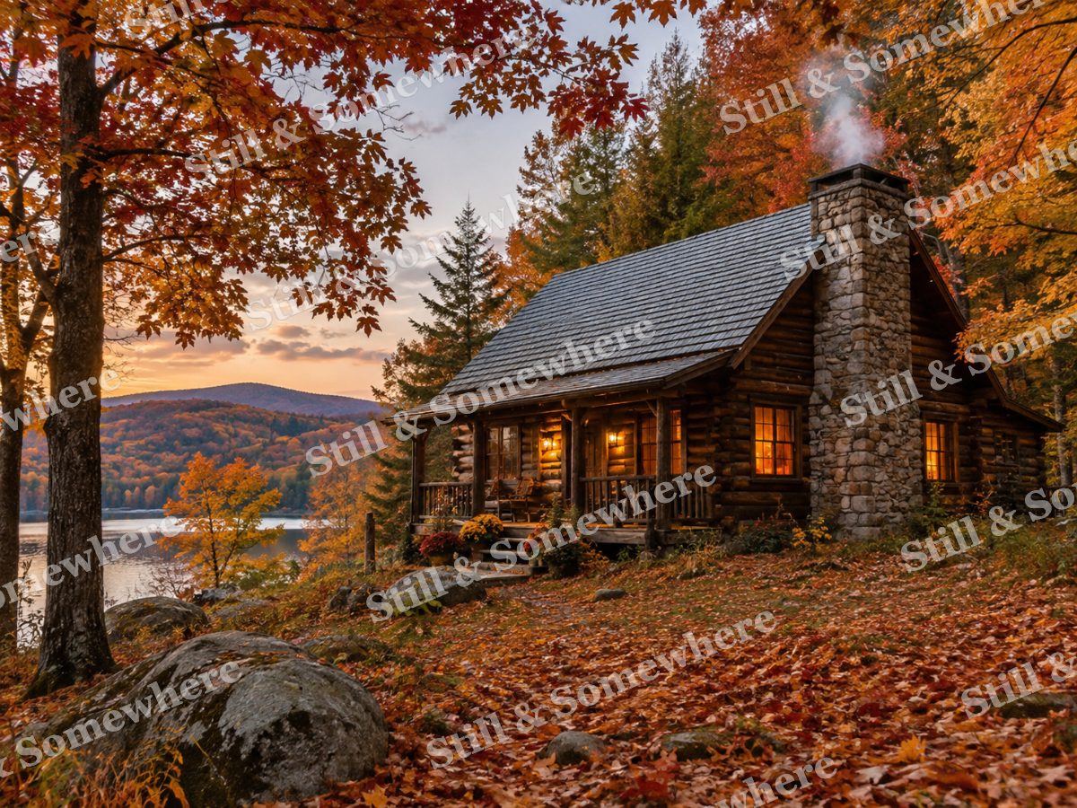 Cozy Log Cabin Beside a Lake in Autumn, original artwork preview
