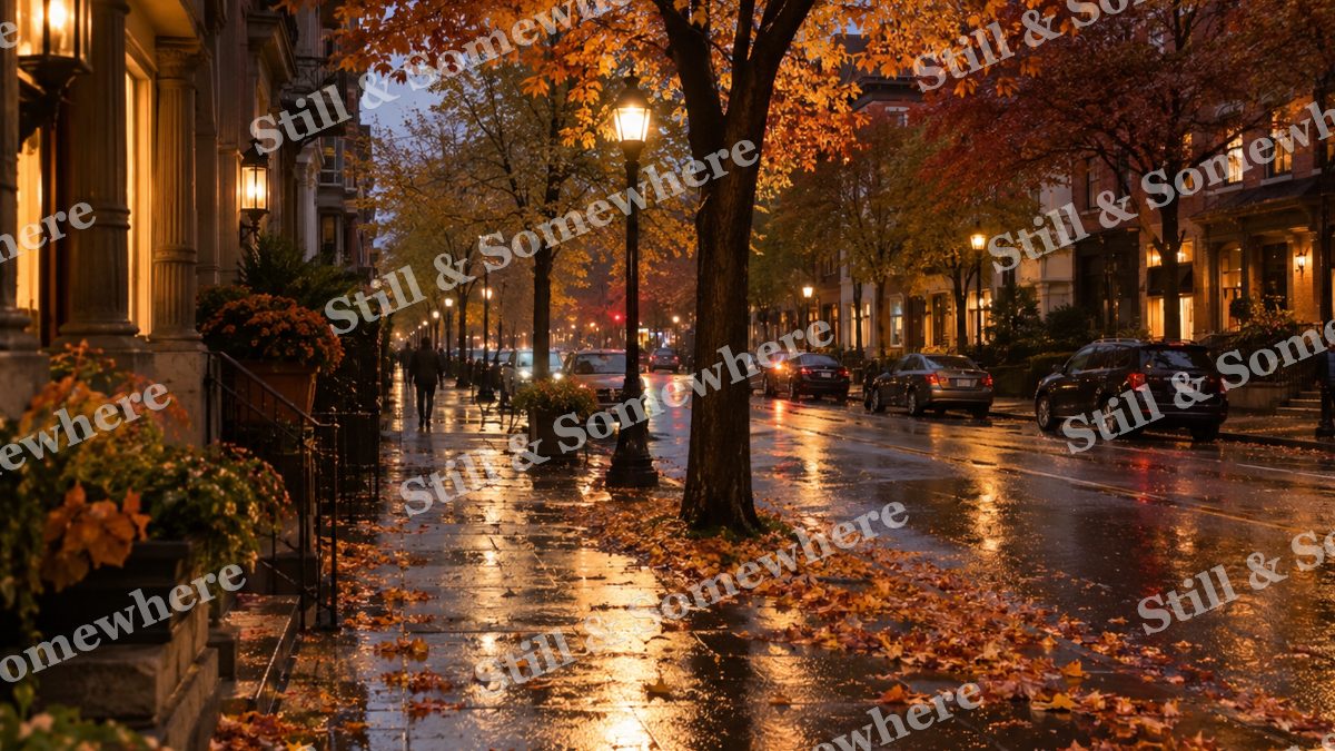Lamplit Town Street After Autumn Rain, fall artwork preview