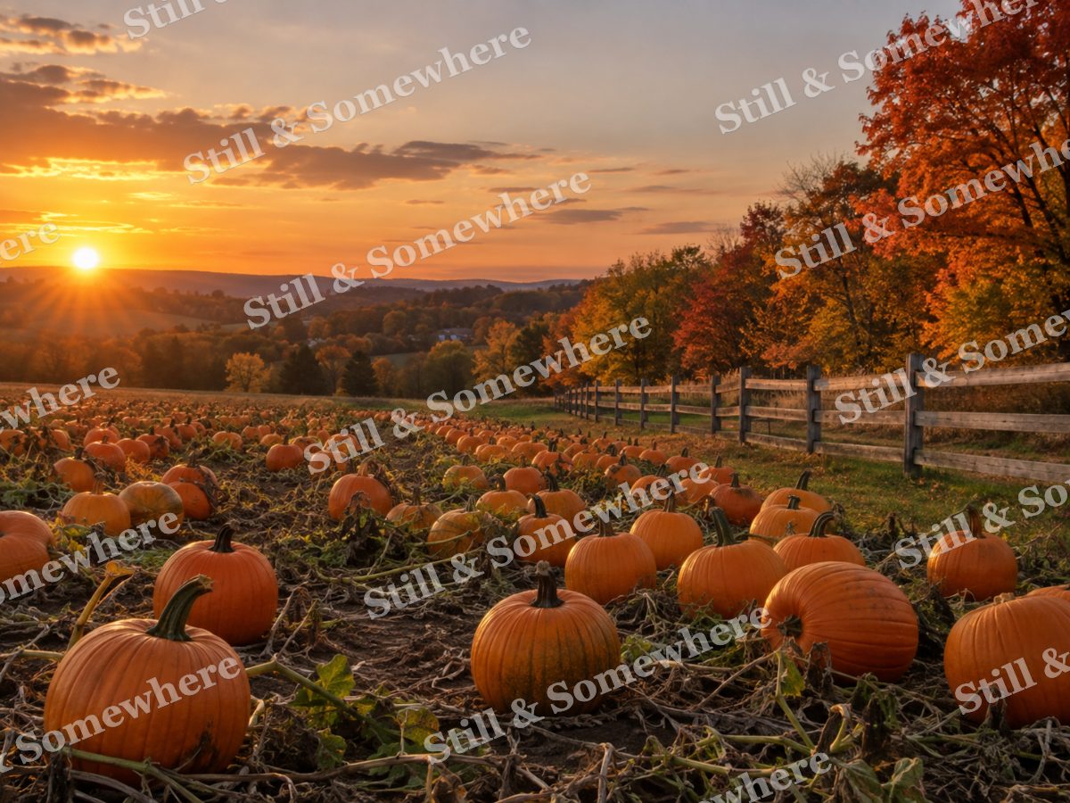 Pumpkin Patch Beside a Wooden Fence at Sunset, original artwork preview