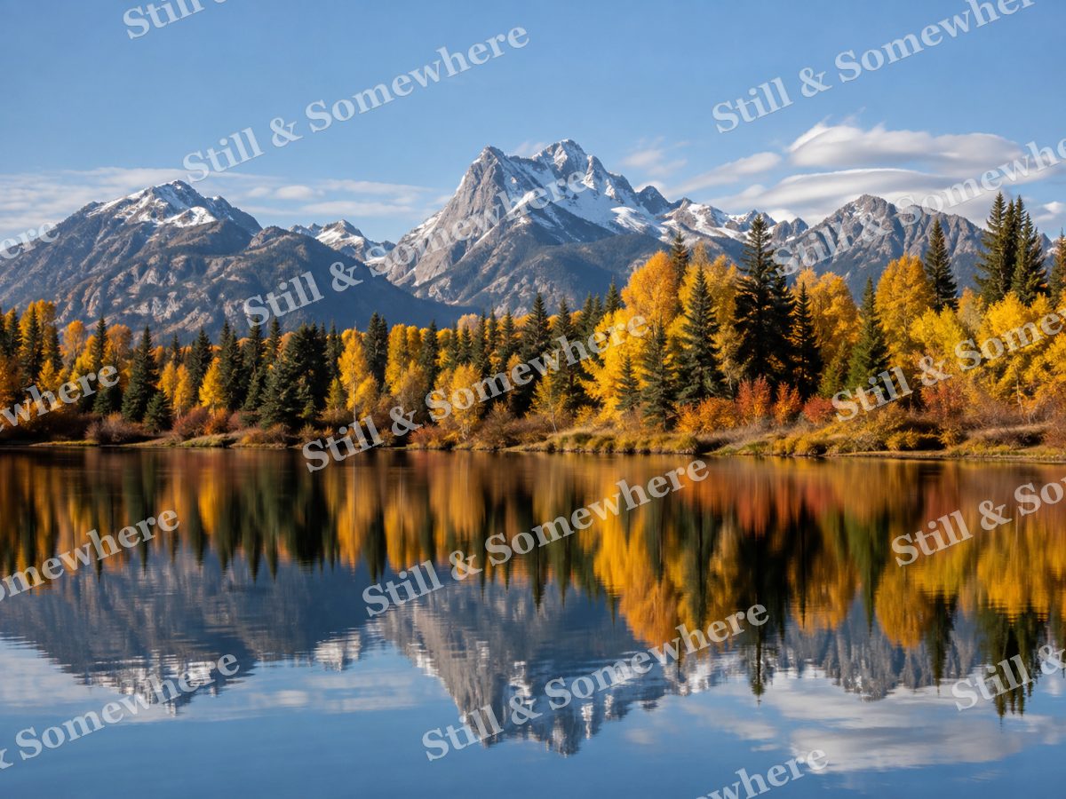 Snowy Mountains and Golden Trees Reflected in a Lake, original artwork preview