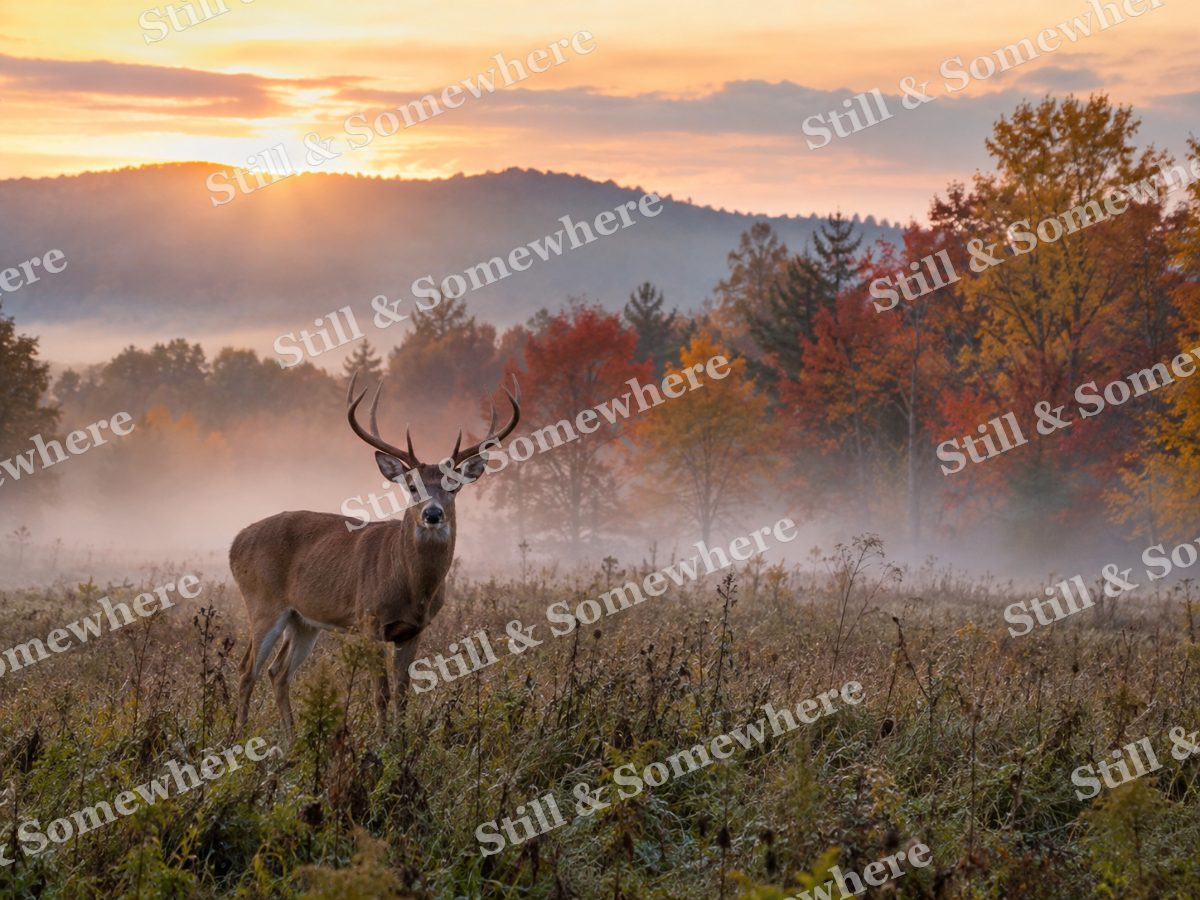 Stag in a Misty Autumn Meadow at Sunrise, original artwork preview