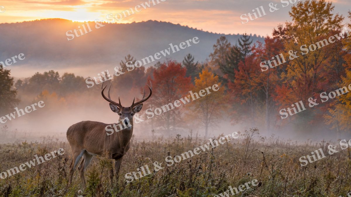 Stag in a Misty Autumn Meadow at Sunrise, fall artwork preview